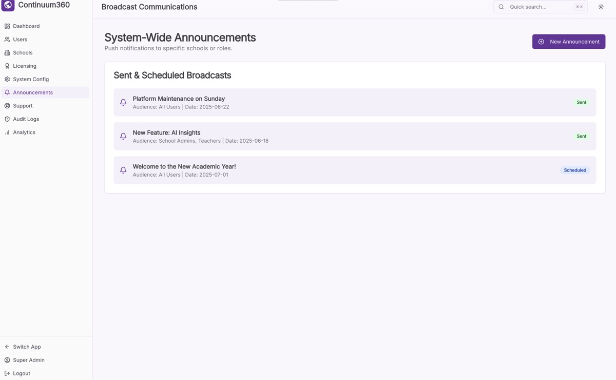 Continuum 360 Announcements view: platform-wide notices.